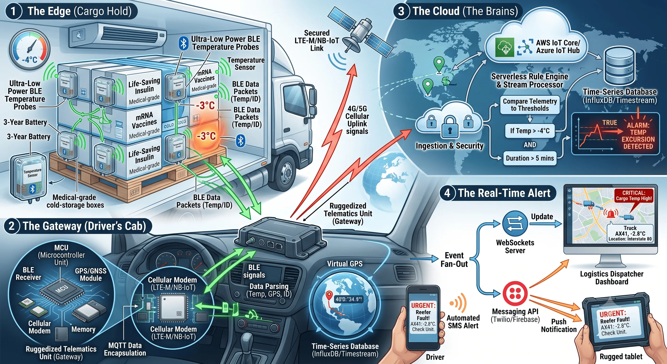 Refrigerated fleet trailer with BLE temperature probes monitoring cold chain cargo in transit