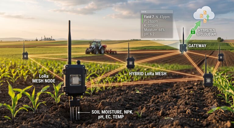 LoRa mesh nodes in a field measure soil data and transmit it through a gateway to a cloud API
