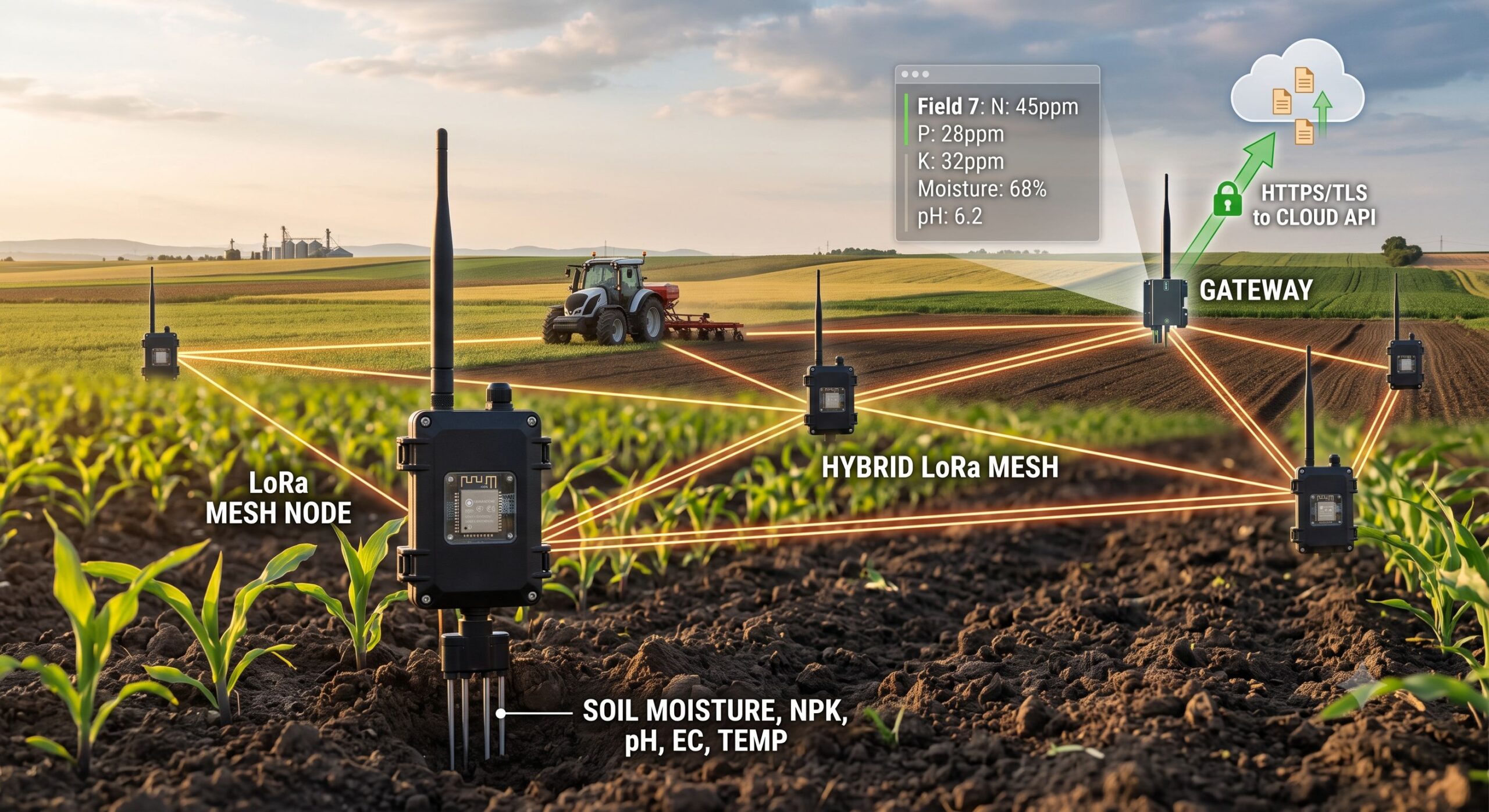 Smart Farming IoT hybrid LoRa mesh and gateway architecture diagram